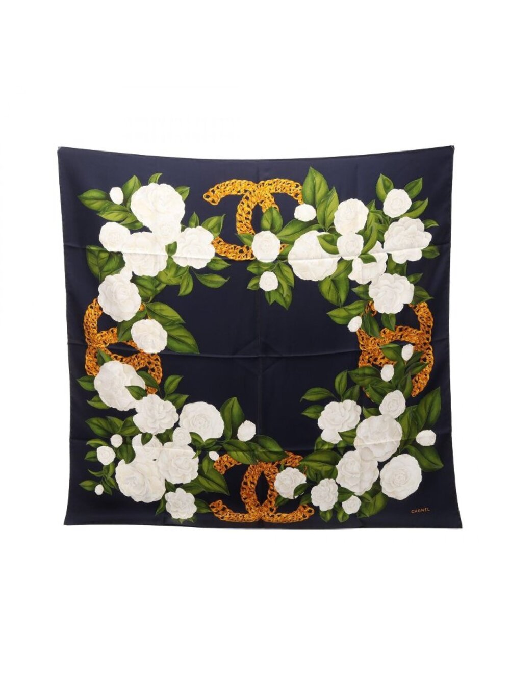 Chanel Scarf CC Logo Camellia Black Silk